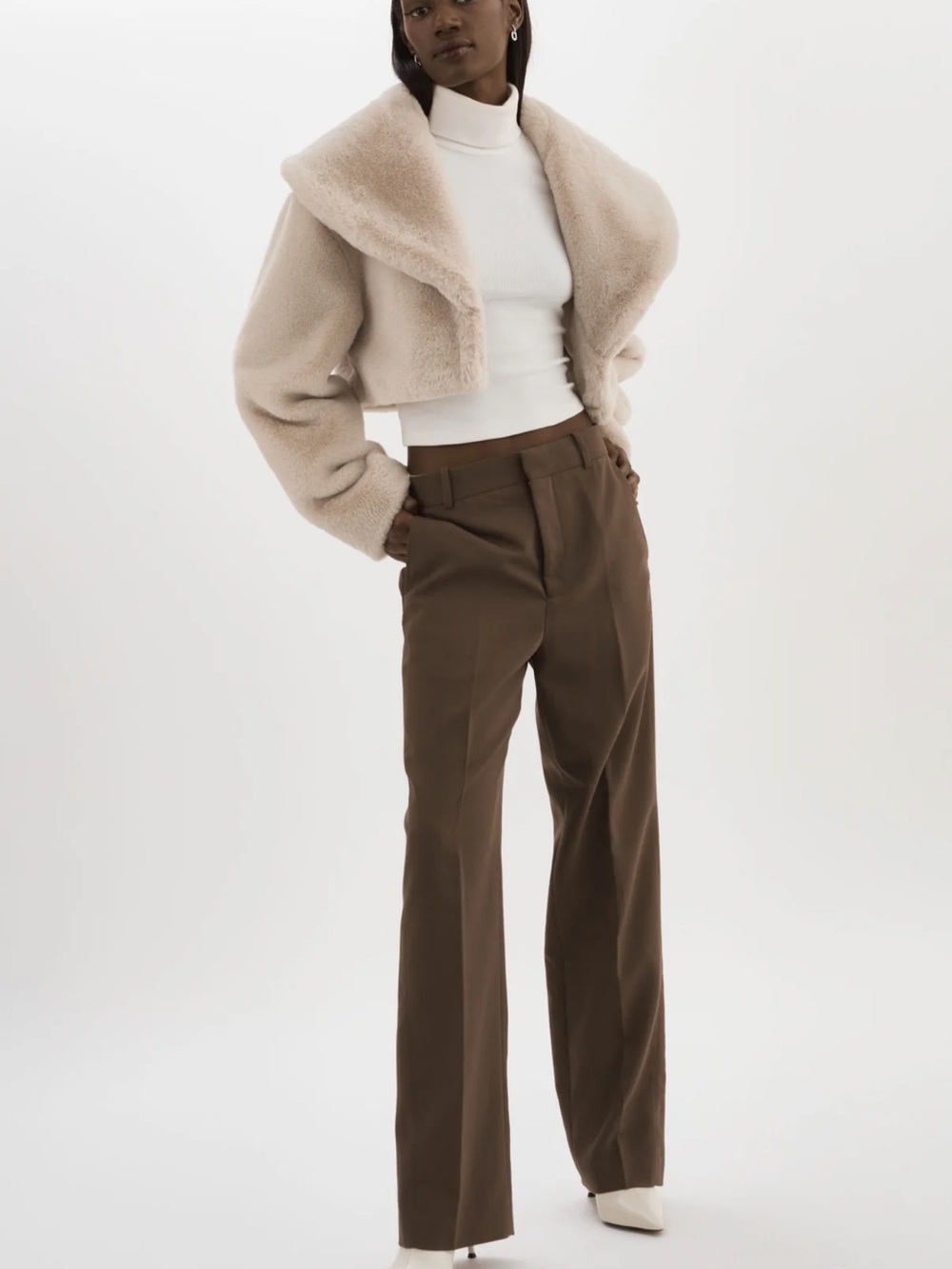 Lamarque Cropped Faux Fur Jacket in Soft Blush Taupe - Picture 7 of 7